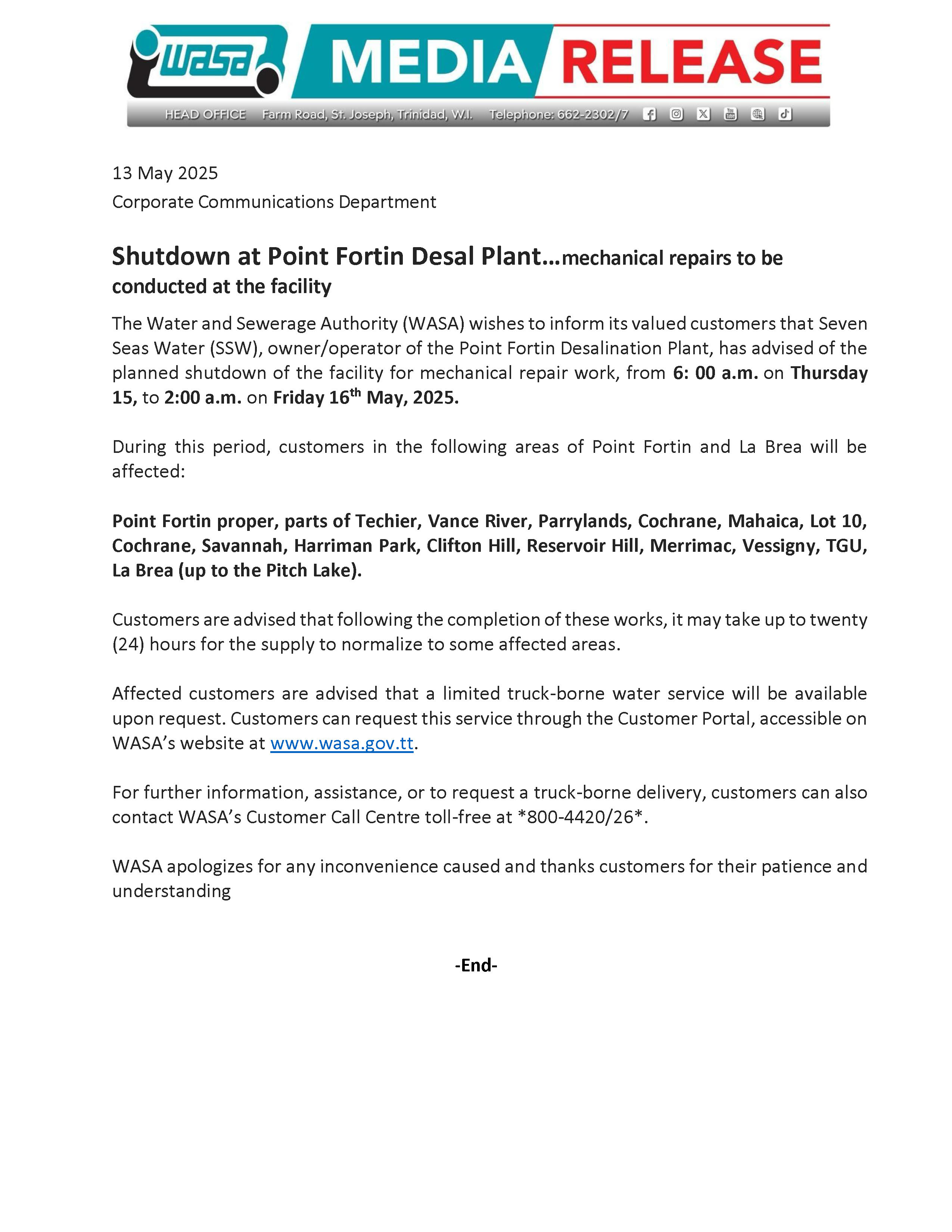 Cutback in production at Pt Fortin Desalination Plant